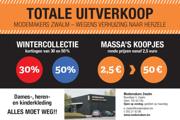 Modemakers Zwalm: TOTALE UITVERKOOP vanaf dinsdag 15 december