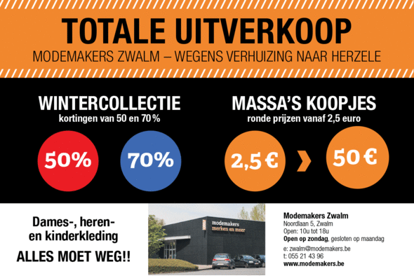 Modemakers Zwalm: TOTALE UITVERKOOP - 50 en 70% korting