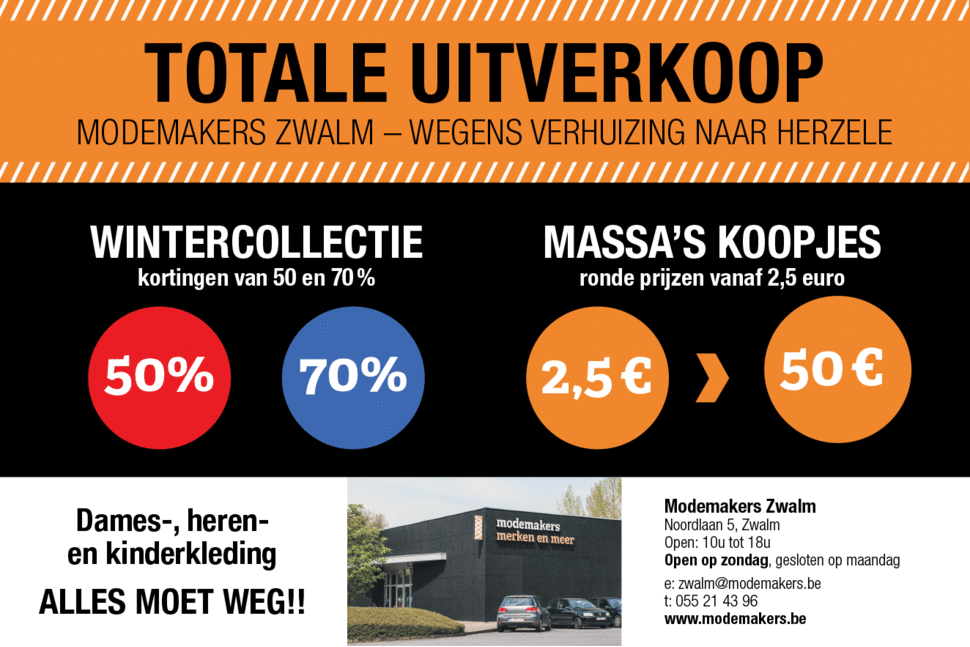 harpoen Gedeeltelijk Tegenslag Modemakers Zwalm: TOTALE UITVERKOOP - 50 en 70% korting