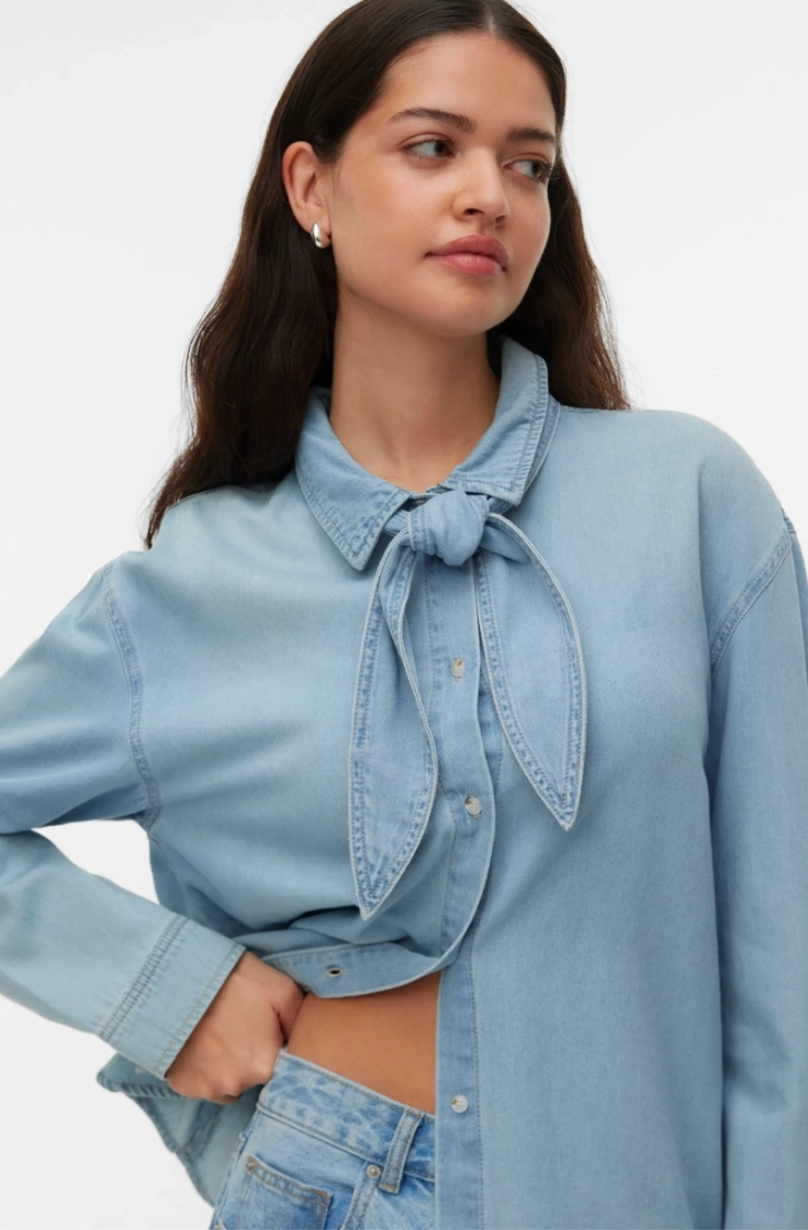 vmvionette ls denim bow shirt medium blue den