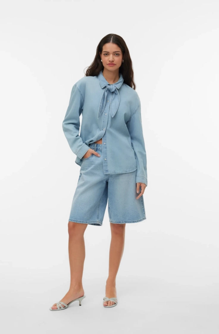 vmvionette ls denim bow shirt medium blue den