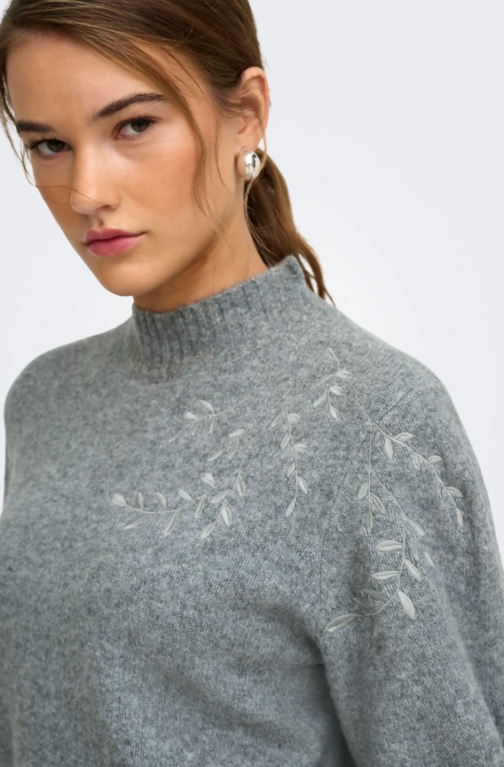 onlbeauty ls high neck emb knt medum grey mela