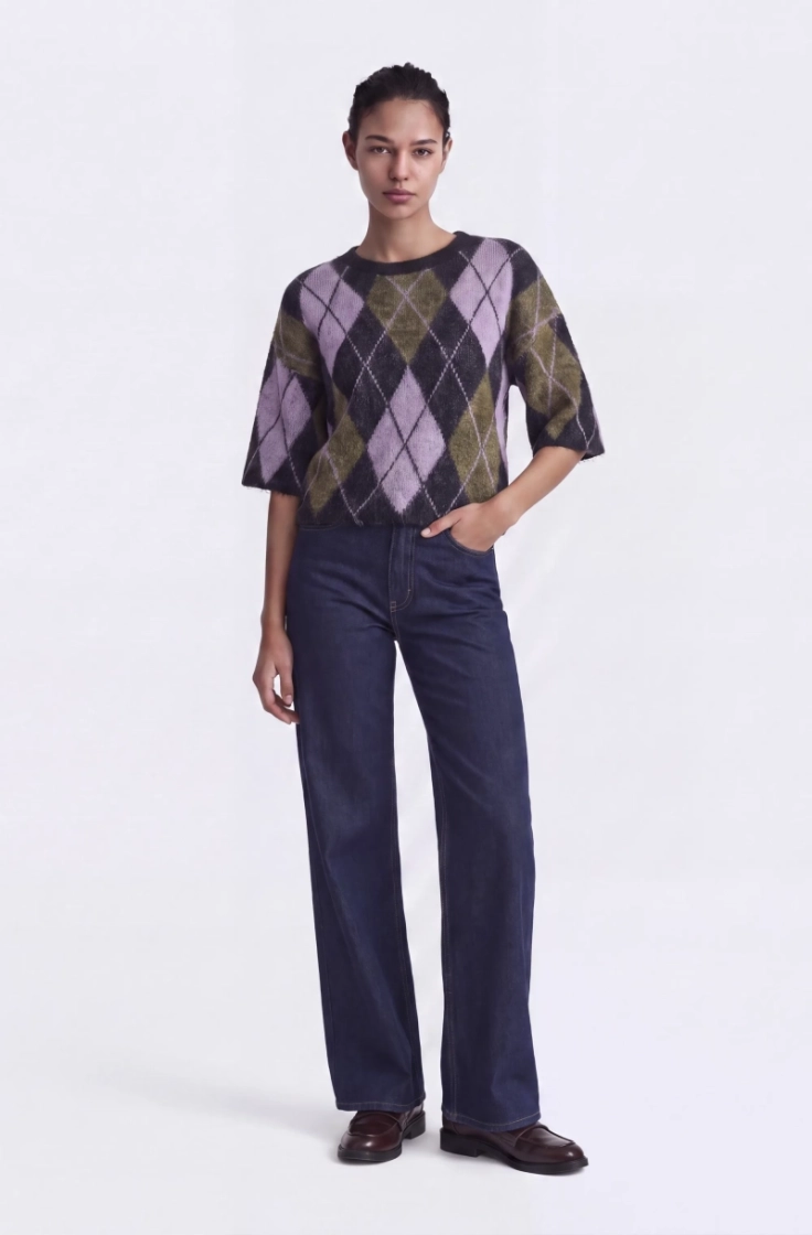 onlnoeme ss pattern o-neck knt black argyle/be