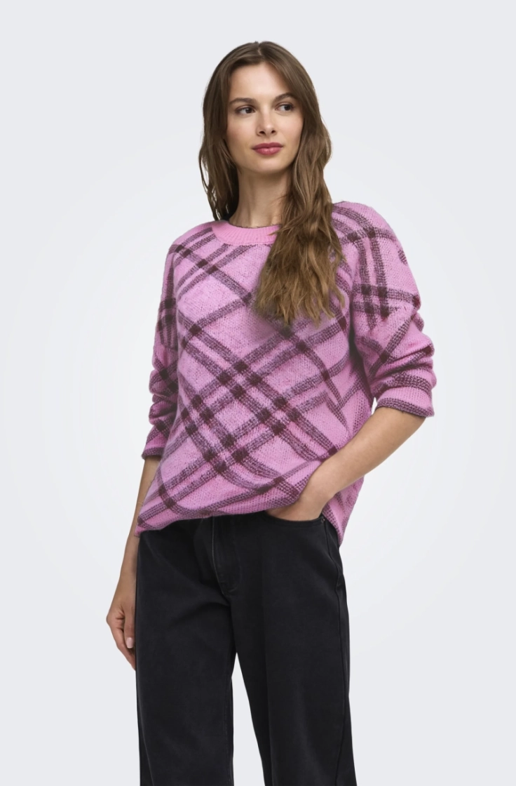 onlnoeme ls pattern o-neck cyclamen check/
