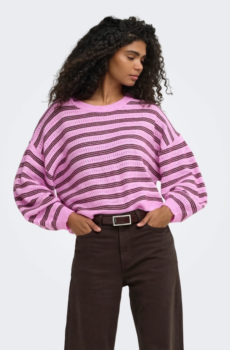 onlmonique ls loose o-neck knt cyclamen str.me